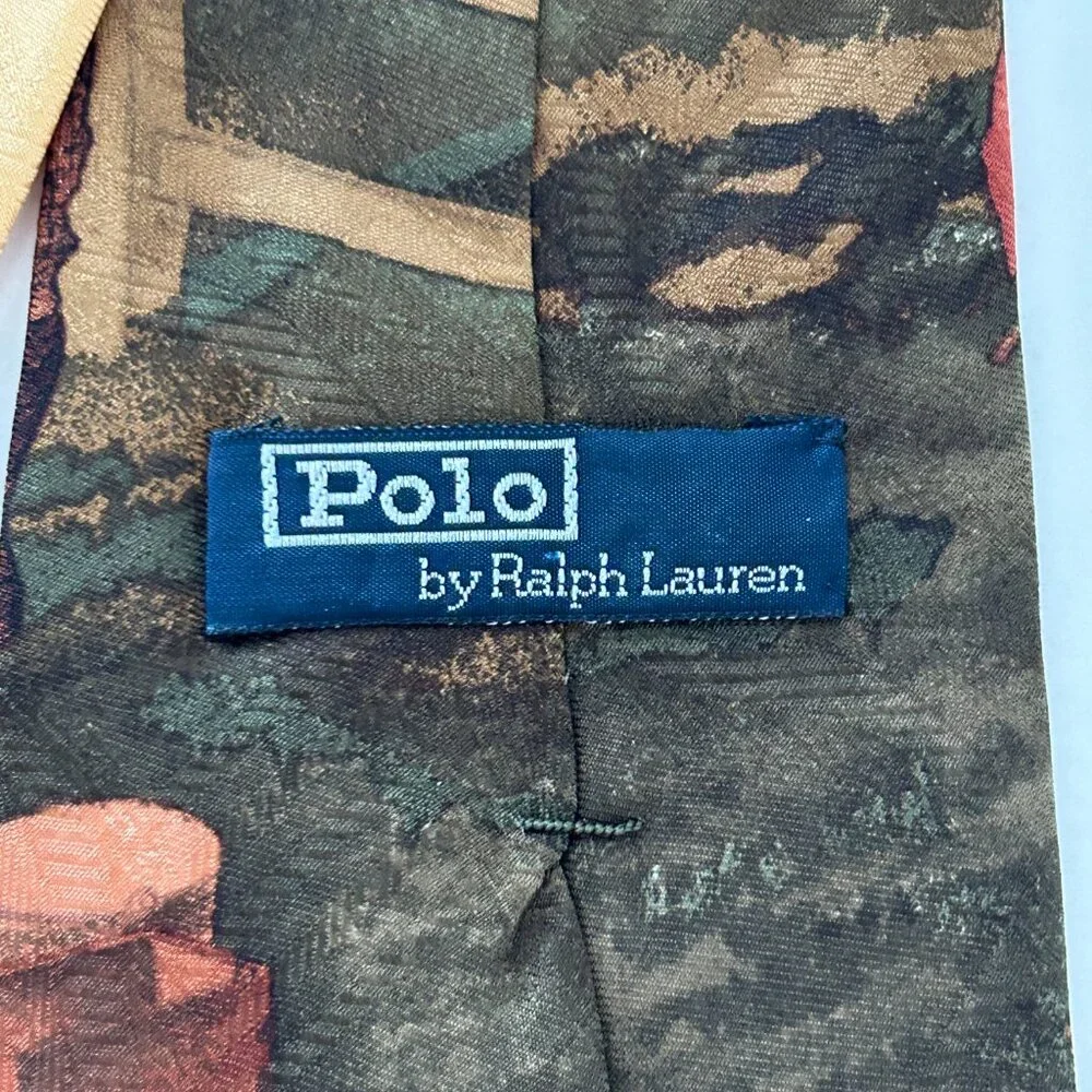 Polo By Ralph Lauren Golf Scene Neck Tie Gold Multicolor Silk Hand Made USA VTG